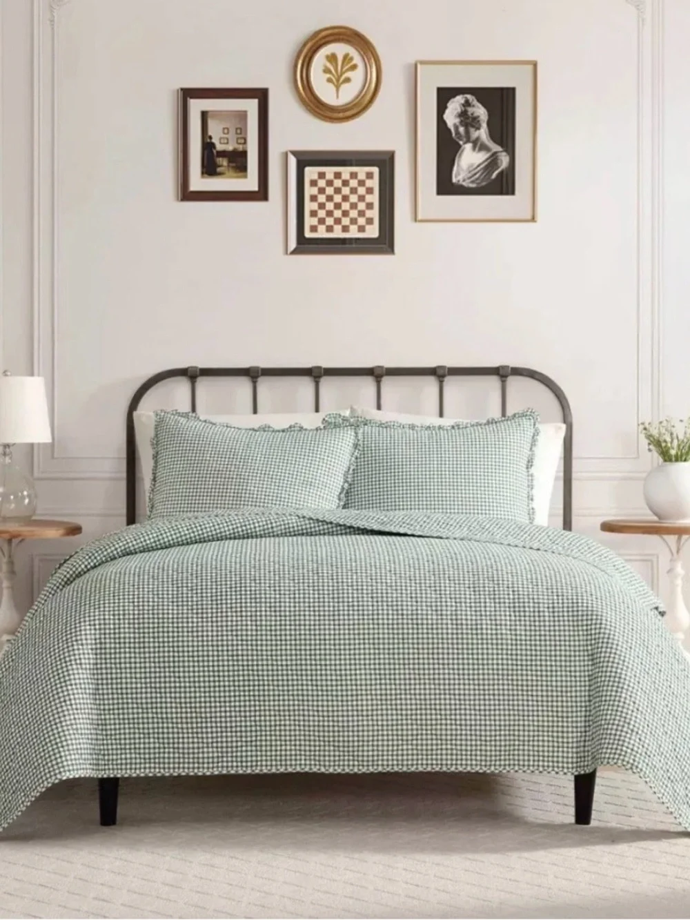 Laura Ashley 3pc Full/Queen Gracies Gingham Green Quilt Set ~ Charming Cottage